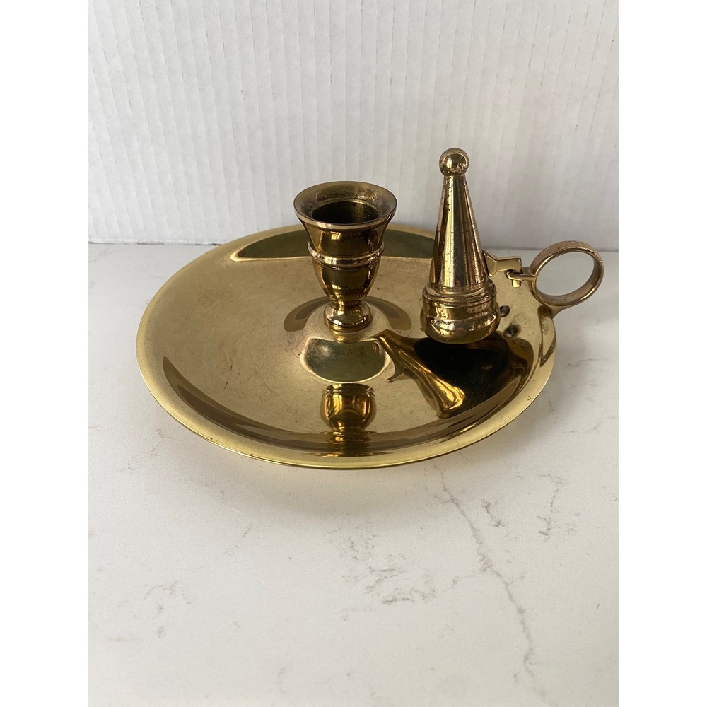Vintage Solid Brass Chamberstick Candle Holder with Removable Snuffer Gold Tone